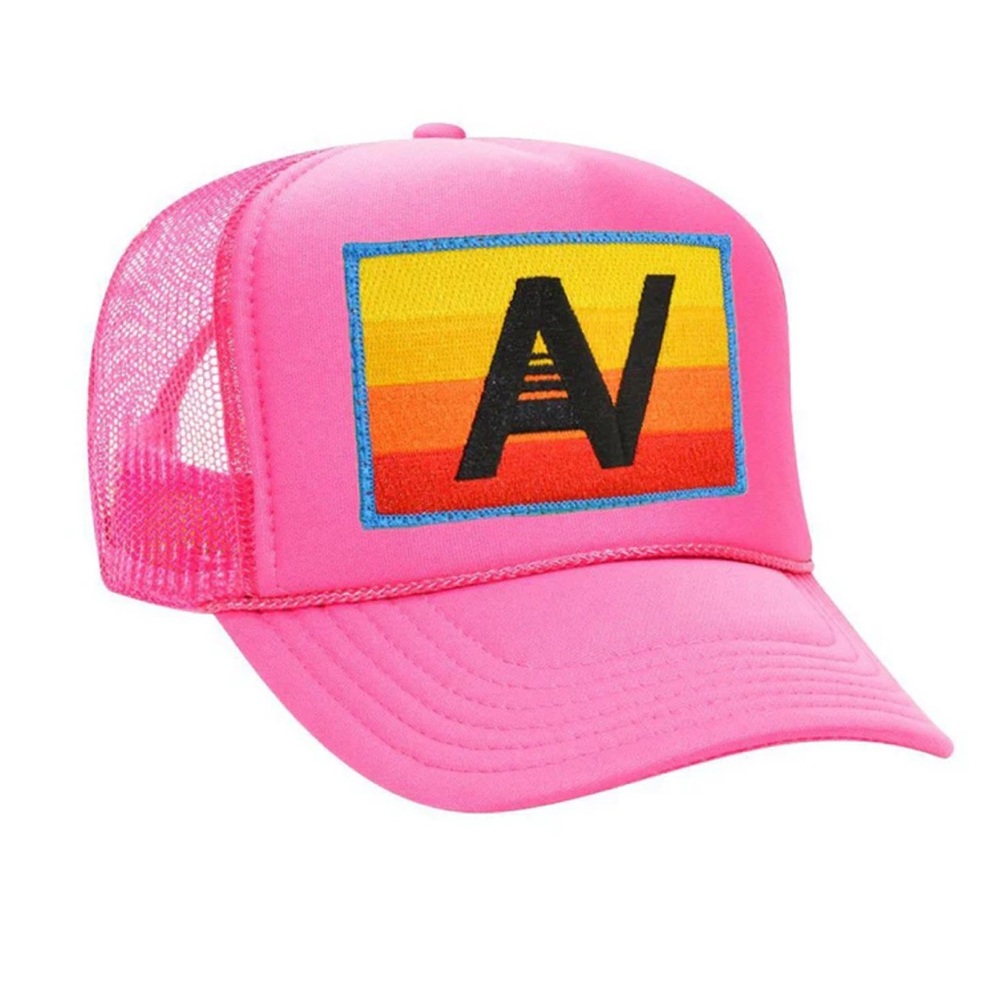 Aviator Nation Rainbow Logo Vintage Trucker Hat with Neon Pink